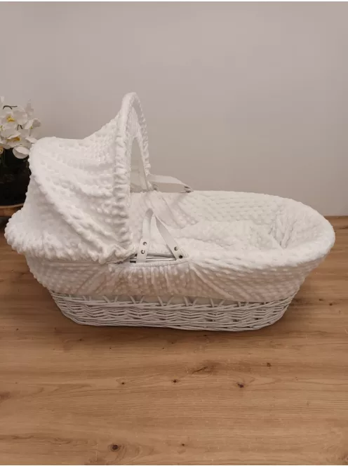 Fonott, Kézzel font fűzfavessző kosár- mózeskosár ágyneművel, fehér, 68 x 30 cm OUTLET termék