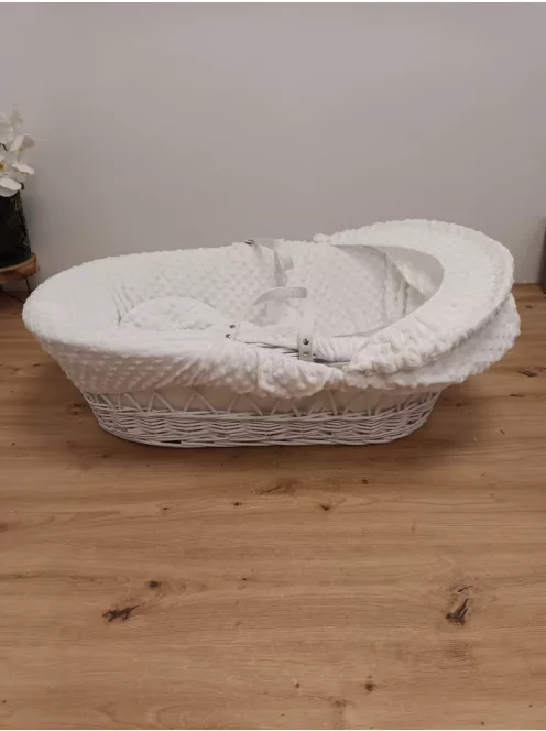 Fonott, Kézzel font fűzfavessző kosár- mózeskosár ágyneművel, fehér, 68 x 30 cm OUTLET termék