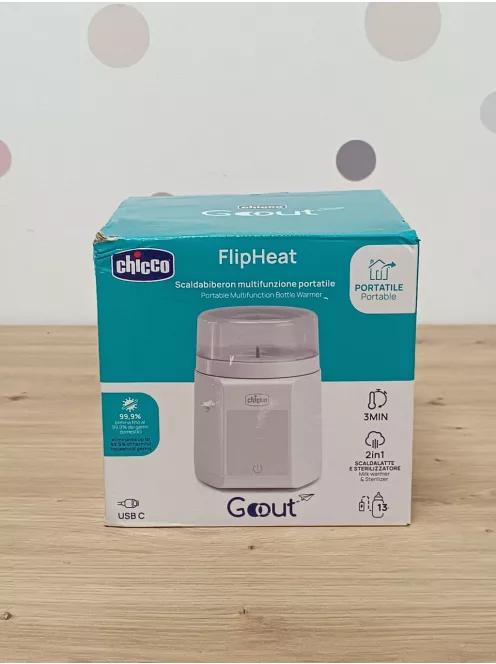 Chicco hordozható többfunkciós palackmelegítő sterilizátorral, önterilizáló, gyors tejmelegítés és sterilizálás, USB-C akkumulátor, 7 adapterrel. OUTLET termék
