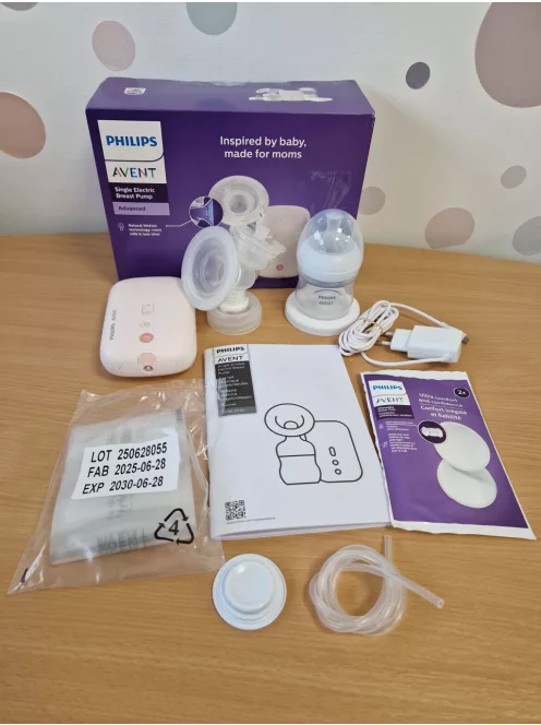 Philips AVENT elektromos egyes mellszívó, klinikai minőségű, a baba ritmusát követő szívás, 125 ml-es cumisüveg és melltartóbetétek, rózsaszín, 5 részes, SCF395/31 modell OUTLET termék