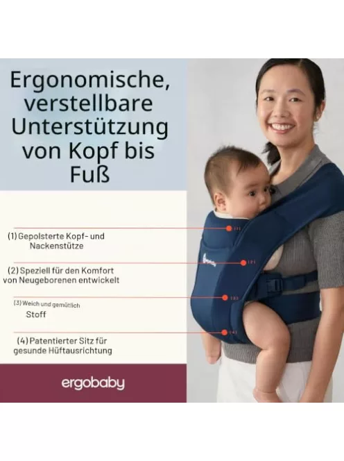 Ergobaby Embrace babahordozó újszülötteknek, 0–12 hónapos korig (3,2–11,3 kg), ergonomikus, 2 pozíciós babahordozó fej- és nyaktámasszal, csípőbarát M-tartással, Midnight Blue OUTLET termék