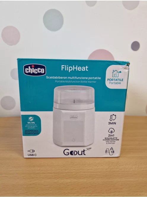 Chicco hordozható többfunkciós palackmelegítő sterilizátorral, önterilizáló, gyors tejmelegítés és sterilizálás, USB-C akkumulátor, 7 adapterrel. OUTLET termék