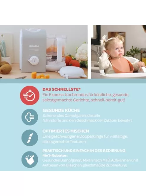 BEABA Babycook Express 4 az 1-ben bébiételkészítő, gyors főzés: kevesebb mint 15 perc, turmixolás, kíméletes és egészséges gőzpárolás, kiolvasztás, melegítés, 1250 ml űrtartalom, bársonyszürke OUTLET termék