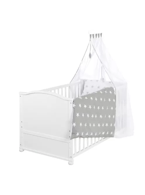 Roba Little  kiságy, junior gyermekággyá állítható – 70 x 140 cm fehér + teljes textilszett csillag mintával – állítható magasságú OUTLET termék