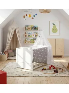   Roba Little  kiságy, junior gyermekággyá állítható – 70 x 140 cm fehér + teljes textilszett csillag mintával – állítható magasságú OUTLET termék