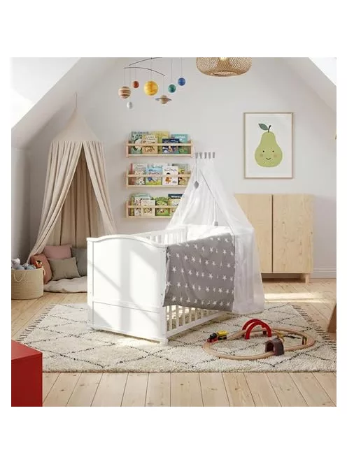 Roba Little  kiságy, junior gyermekággyá állítható – 70 x 140 cm fehér + teljes textilszett csillag mintával – állítható magasságú OUTLET termék