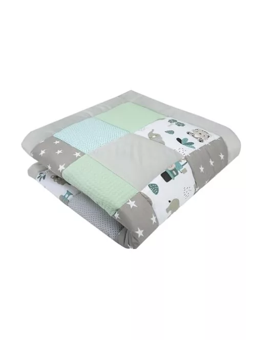 Medi Partners játszószőnyeg babáknak, 100% pamut, 120x120 cm – vastag, puha járókabetét, minky-vafli babatakaró (Mint Zoo) OUTLET termék