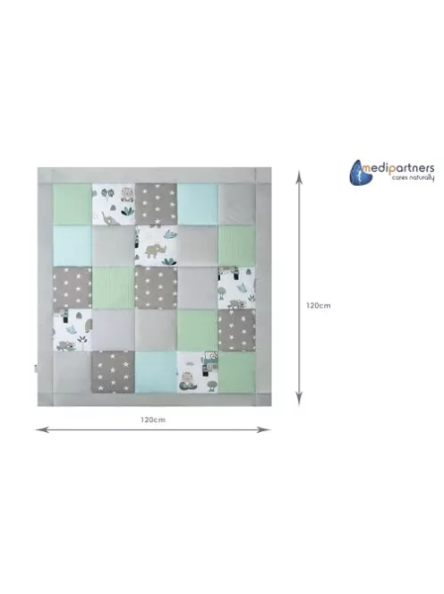 Medi Partners játszószőnyeg babáknak, 100% pamut, 120x120 cm – vastag, puha járókabetét, minky-vafli babatakaró (Mint Zoo) OUTLET termék