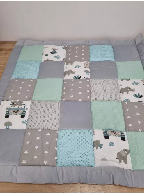 Medi Partners játszószőnyeg babáknak, 100% pamut, 120x120 cm – vastag, puha járókabetét, minky-vafli babatakaró (Mint Zoo) OUTLET termék