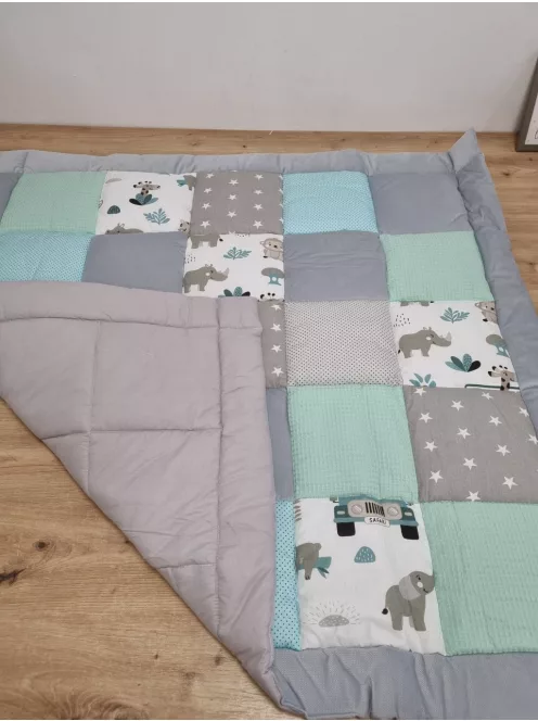 Medi Partners játszószőnyeg babáknak, 100% pamut, 120x120 cm – vastag, puha járókabetét, minky-vafli babatakaró (Mint Zoo) OUTLET termék